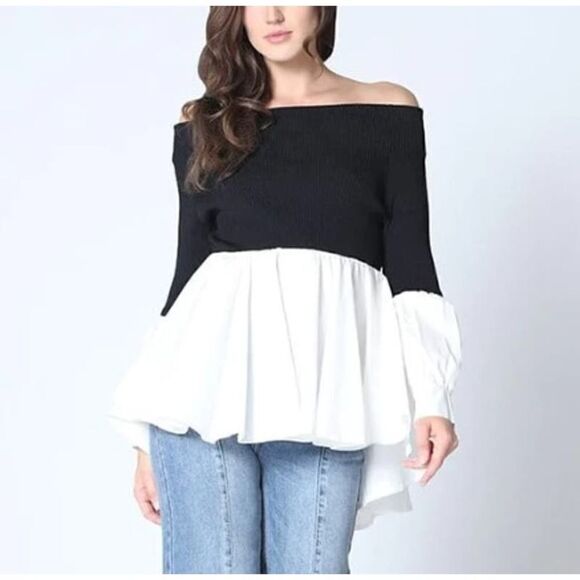 Gracia Ruffle Bottom Shirt Off-Shoulder Knit Top Sz. S - Picture 1 of 8
